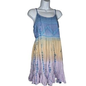 En Creme Size‎ S Tie Dye Mini Ruffle Trim Dress Blue
